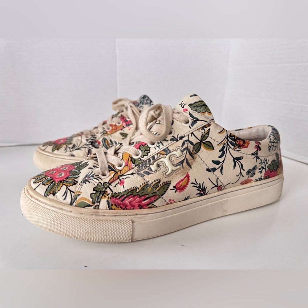 Tory Burch White Floral Print Leather Amalia Low Top Sneakers Women’s Size 8 - Picture 2 of 11